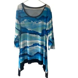Indigo Soul Dip Dye Blue Tones 3/4 Sleeve Pop Over Blouse. Size 2XL EUC